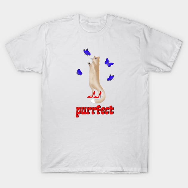 Purrfect - a cute cat in red shoes chasing butterflies T-Shirt by Cute_but_crazy_designs